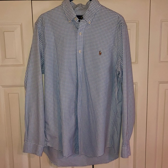 RALPH LAUREN—MEN’S “CLASSIC FIT”, BUTTON UP. LIGHT BLUE & WHITE CHECK PRINT. EUC - Picture 2 of 3